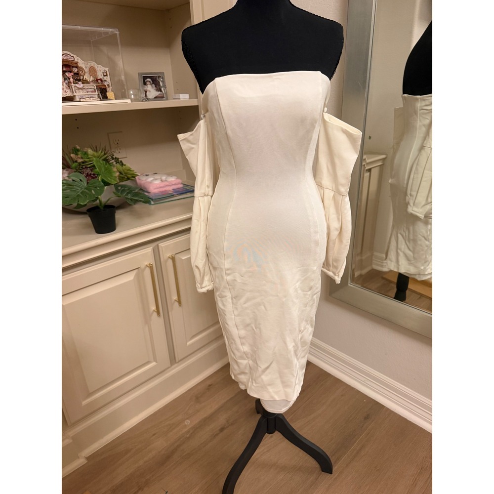 Misha Collection Ivory Off Shoulder Corset Midi Dress Bridal Cocktail US 4 AU 8